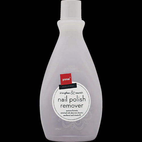 Pams Nail Polish Remover 270ml, an acetone solution with aloe vera and vitamin E for gentle, effective polish removal.