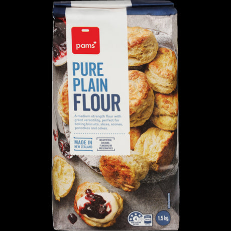 Pams Pure Plain Flour 1.5kg bag, ideal for baking cakes, pastries, and bread with premium quality for perfect results.