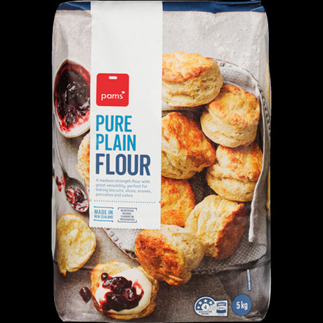 Pam's Pure Plain Flour 5kg bag, perfect for baking bread, cakes, cookies, and pastries with high-quality wheat.