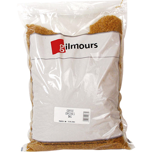 Extra-large crystals of Gilmours Sugar 5kg, perfect for sweetening coffee and adding crunch to baked goods.