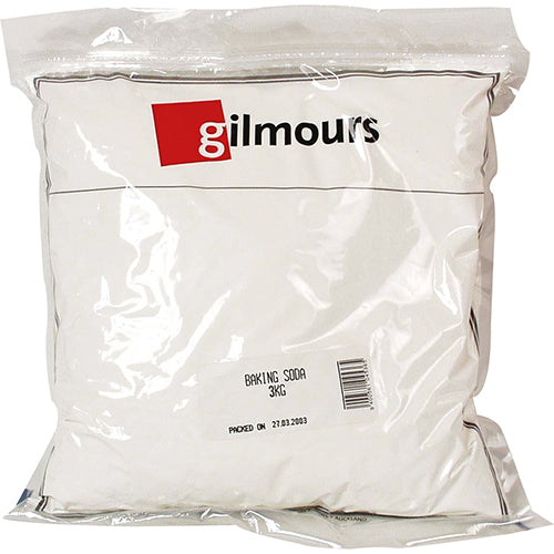 Gilmours Baking Soda 3kg pack, ideal for baking and household tasks, ensuring light, fluffy baked goods and versatile cleaning.