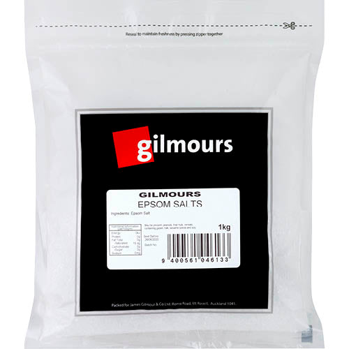 A 1kg bag of Gilmours Epsom Salts for relaxation, muscle relief, and skin health in a soothing bath experience.