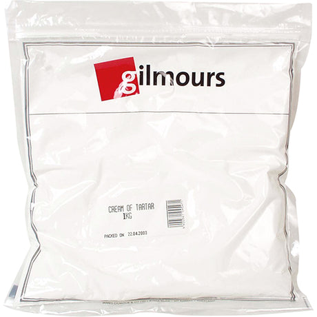 Gilmours Baking Cream Of Tartar 1kg pack, perfect for stabilizing meringues and enhancing baked goods' texture.