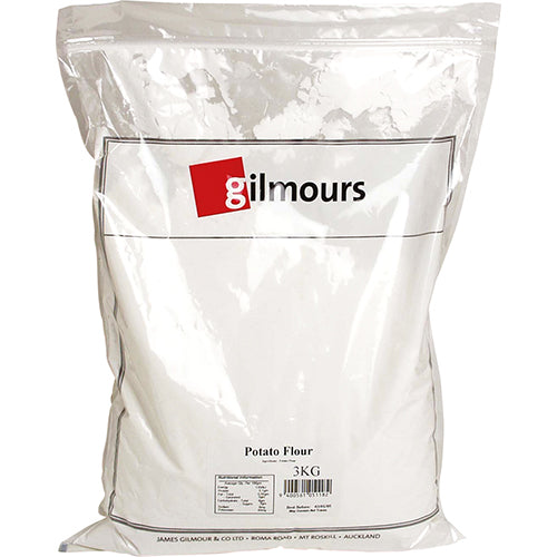 Gilmours Potato Starch 3kg pack, perfect for thickening soups and sauces, gluten-free and ideal for various cooking applications.