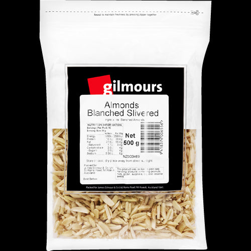 Gilmours Blanched Slivered Almonds 500g in a bag, perfect for cooking, baking, or snacking, rich in nutrients and flavor.