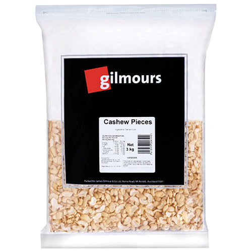 Gilmours 3kg Cashew Nut Pieces in bite-sized chunks, perfect for snacking or cooking, packed with nutrients and flavor.