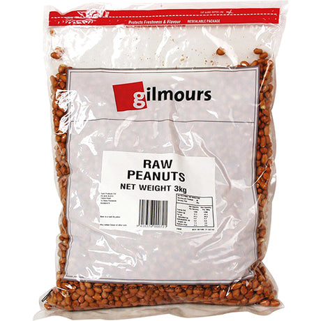 Gilmours Raw Peanuts 3kg bag, ideal for snacking, baking, and cooking, packed with protein and essential nutrients.