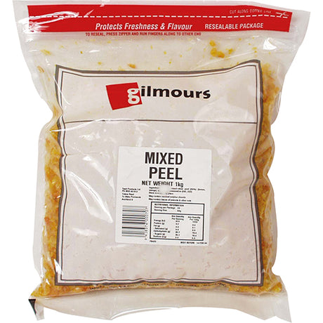 Gilmours Mixed Peel 1kg packed with vibrant candied citrus peels for enhancing baked goods and savory dishes.