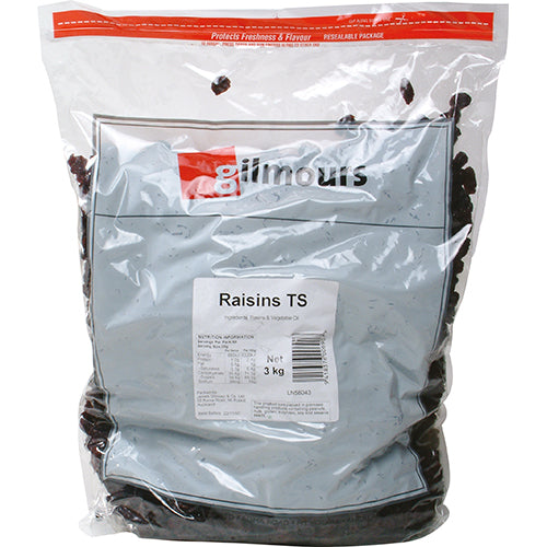 Gilmours 3kg Seedless Raisins, a nutritious snack rich in fiber and antioxidants, perfect for baking and cooking.