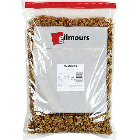 Premium Gilmours Walnut Halves in a 3kg bag, rich in nutrients and perfect for snacks, baking, and healthy recipes.