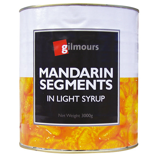 Gilmours Mandarin Segments in Lite Syrup, 3kg can, offering juicy, low-sugar citrus goodness for desserts and salads.