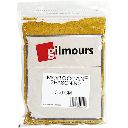 Gilmours Moroccan Seasoning 500g, a rich spice blend of cumin, coriander, and paprika for authentic Moroccan dishes.