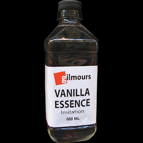 Gilmours Imitation Vanilla Essence 500ml bottle, perfect for enhancing desserts and baked goods with rich vanilla flavor.