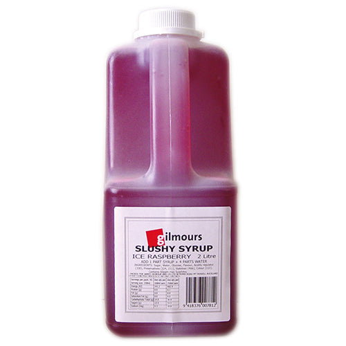 Gilmours Raspberry Slushy Syrup 2l bottle, perfect for making refreshing, fruity slushies at home or for events.