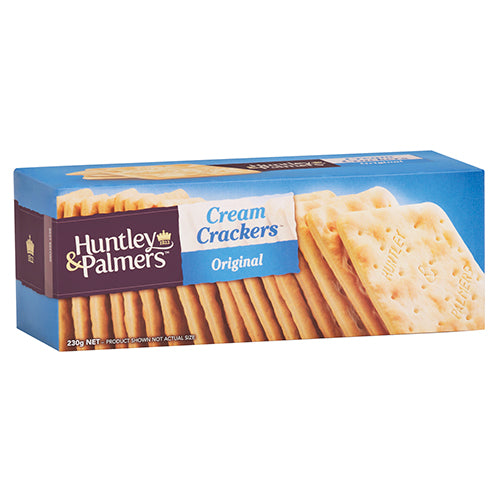 Huntley & Palmers Original Cream Crackers in a 230g pack, offering a crisp, versatile snack perfect for pairing or enjoying plain.