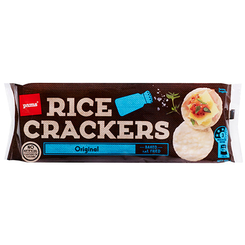 Pams Original Rice Crackers 100g: Thin, crispy baked rice crackers, perfect for snacking or pairing with dips and cheeses.