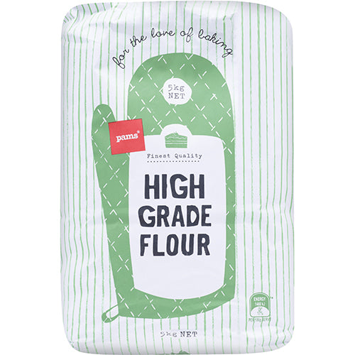 Pams High Grade Flour 5kg bag, perfect for baking bread, cakes, and pastries with a fine texture and rich gluten content.