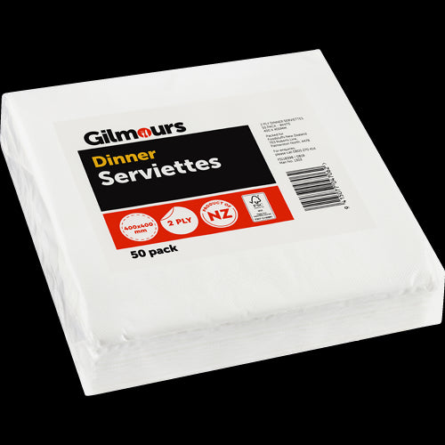 Gilmours 1/4 Fold 2Ply White Dinner Serviettes 400x400mm 50pk