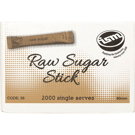 ISM Raw Sugar Sticks 2000pk, individually wrapped for freshness, ideal for sweetening coffee or tea.