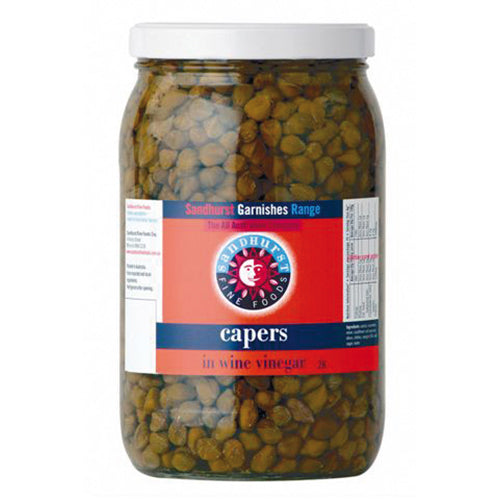 Sandhurst 2kg jar of preserved capers, perfect for enhancing salads, pastas, and gourmet dishes with vibrant flavor.