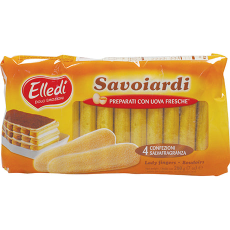 Savoiardi lady fingers in a 200g package, ideal for desserts and tiramisu with a light, airy texture.