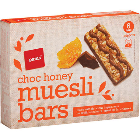 Pams Choc Honey Muesli Bars pack of 6, featuring chocolate, honey, and wholesome muesli for convenient snacking.