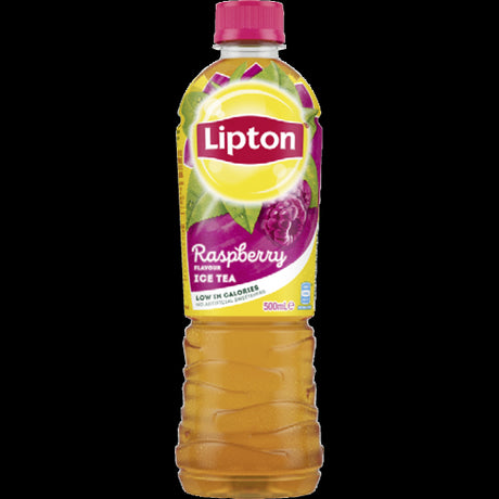 Refreshing Lipton Raspberry Ice Tea pack of 12, bursting with raspberry flavor, no preservatives, ideal for summer hydration.