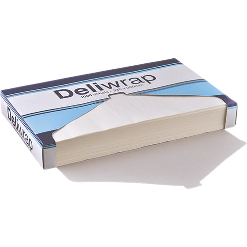 Detpak Disposable Deli Sheet 330mm x 200mm, 1000-pack, perfect for hygienic food packaging in cafes and delis.