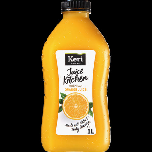 Bottle of Keri Juice Kitchen Premium Orange Juice 1L, featuring 100% pure oranges with no added sugar, perfect for a refreshing drink.