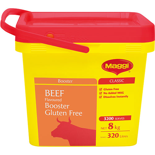 Maggi Gluten Free Beef Booster 8kg, a savory flavor enhancer for soups, stews, and gravies, perfect for gluten-free cooking.