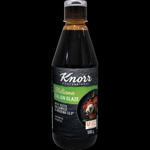 Knorr Italian Glaze With Balsamic 500g, a rich, thick drizzle for enhancing salads, meats, and desserts with authentic Italian flavors.