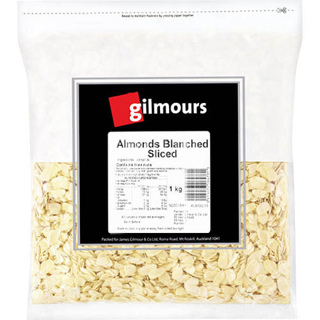 Gilmours Blanched & Sliced Almonds 1kg, perfect for baking or as a crunchy topping, packed with nutrients and flavor.