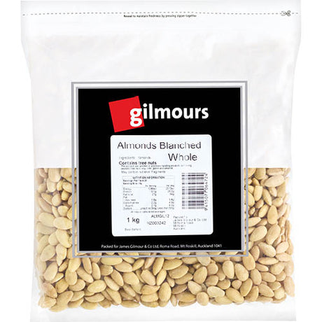 Gilmours Whole Blanched Almonds 1kg bag showcasing premium, nutritious almonds ideal for snacking, baking, and healthy recipes.