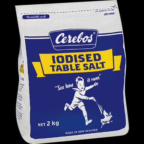 Cerebos Iodised Table Salt, premium seasoning from the Great Southern Ocean, enhances flavors in cooking and baking.