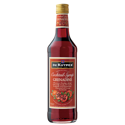 Vibrant De Kuyper Grenadine syrup in a 700ml bottle, perfect for cocktails, mocktails, and desserts with a sweet, fruity flavor.