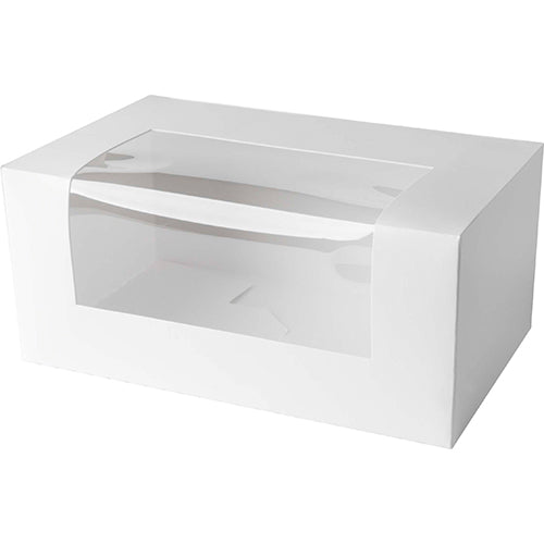 Elegant white patisserie box with clear window, perfect for showcasing and transporting pastries, measuring 5 inches long.