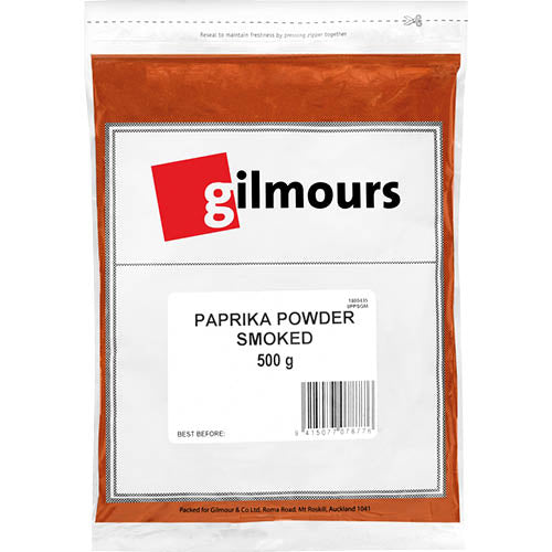 A 500g pack of Gilmours Smoked Paprika, vibrant red, ideal for enhancing flavors in stews, marinades, and grilled dishes.