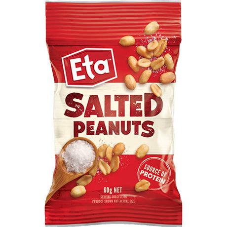 A 60g pack of Eta Salted Peanuts, showcasing crunchy roasted peanuts, ideal for snacking or enhancing dishes.