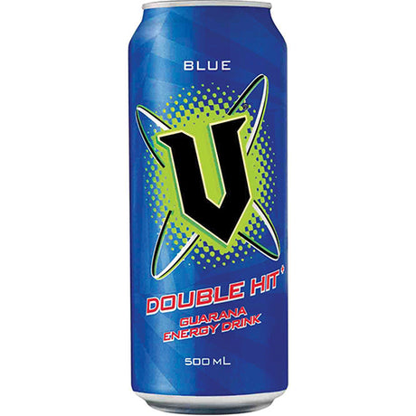 Twelve 500ml cans of V Blue Guarana Energy Drink, featuring vibrant blue color and packed with natural caffeine for energy boosts.