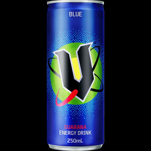 24-pack of V Blue Guarana Energy Drink bottles, featuring natural energy boost from guarana and caffeine for all-day refreshment.