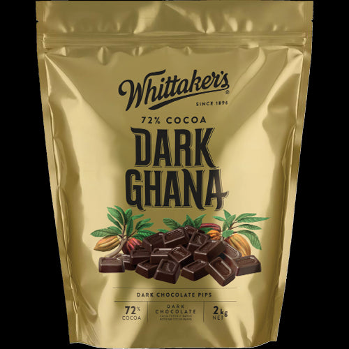 Whittaker's Dark Ghana Chocolate Pips 2kg pack featuring rich dark chocolate pips, perfect for snacking or baking.