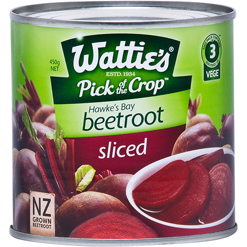 Wattie's Sliced Beetroot 450g pack showcasing vibrant, natural beetroot slices, perfect for salads, sandwiches, and dips.