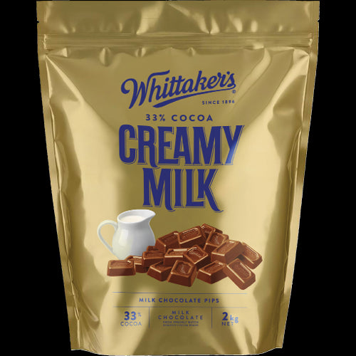 Whittaker's 2kg bag of creamy milk chocolate pips, 33% cocoa, perfect for snacking or baking indulgence.