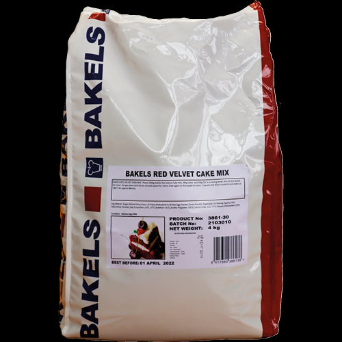 Bakels Red Velvet 4kg baking mix, perfect for cakes and cupcakes, offers rich color and luxurious flavor for all bakers.