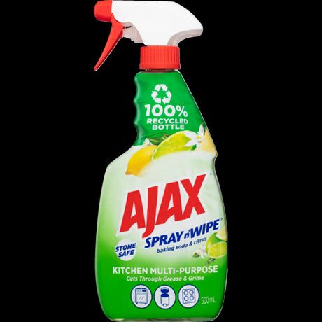 Ajax Spray n' Wipe Baking Soda Cleaner 500ml, effective on stone, cuts grease and grime, leaving a fresh citrus scent.