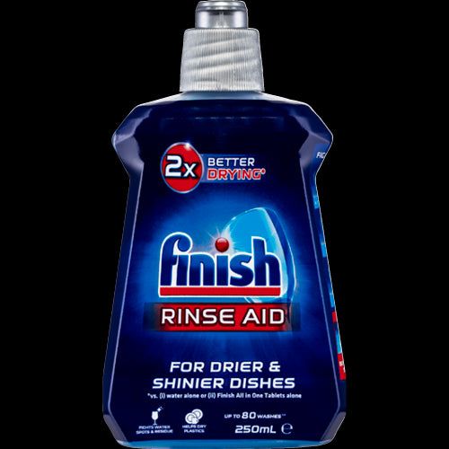 Finish Rinse & Shine Aid 250ml bottle for drier, shinier dishes; fights water spots and oily residue for sparkling results.