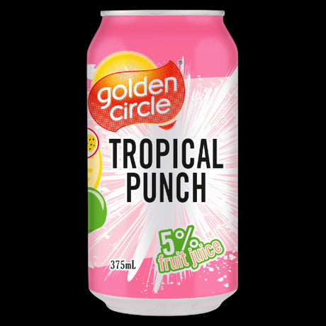 Golden Circle Tropical Punch 375ml cans, featuring a blend of tropical fruit flavors, perfect for refreshing summer beverages.