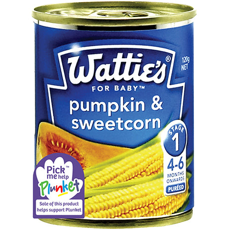 Wattie's For Baby Pumpkin & Sweetcorn 120g pouch, smooth puree perfect for infants 4-6 months, nutritious and natural flavors.