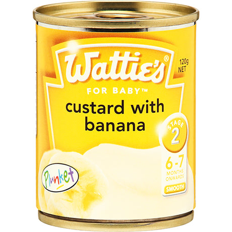 Creamy Wattie's custard with banana for babies 6-7 months+, ideal for spoon-feeding and made without artificial additives.