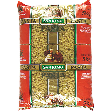 San Remo Elbows Pasta #35 in a 5kg pack, ideal for creamy dishes and classic pasta recipes.